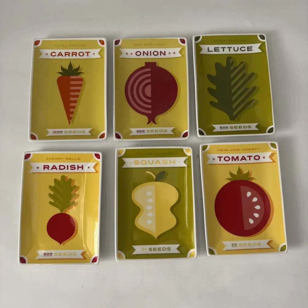 Crate & Barrel Vegetable Seed Packet Appetizer Plates Set of 6 Farmhouse
